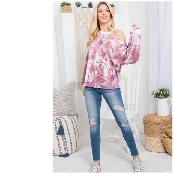 New Boutique Brand Tie Dye Sweater, Deep Cut Cold Shoulder & Bishop sleeves - Picture 4 of 6